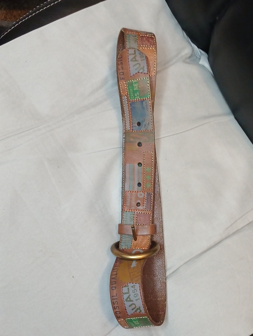 Fossil Brown Leather Patchwork Belt with Multicolor Accents